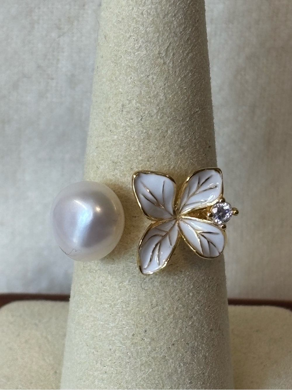Freshwater Pearl Floral Adjustable 18k Yellow Gold 925 Sterling Silver Ring